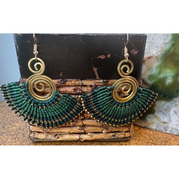 3/$35 Bohemian Earthy Shades of Greens Synthetic Gemstones Shell Tassel Earrings - Picture 3 of 5